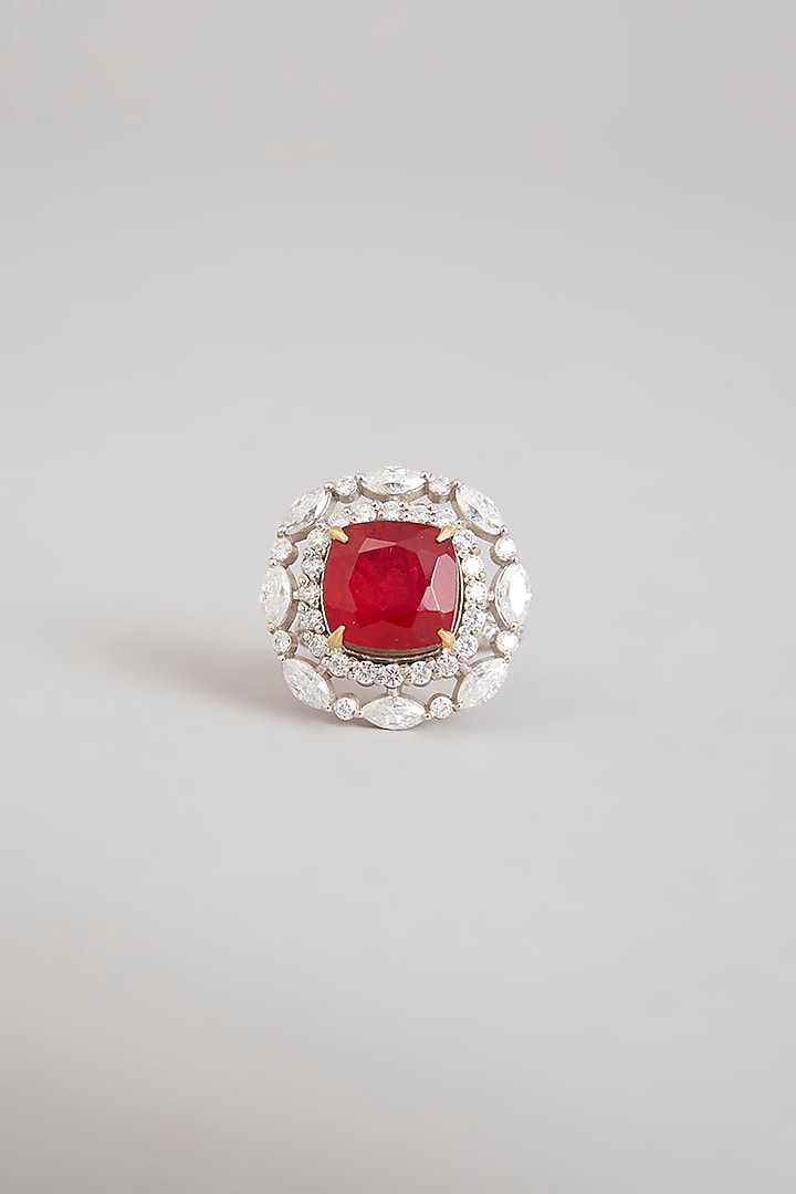 Gold Finish Moissanite Polki & Ruby Stone Ring In Sterling Silver by Kiara Luxe at Pernia's Pop Up Shop