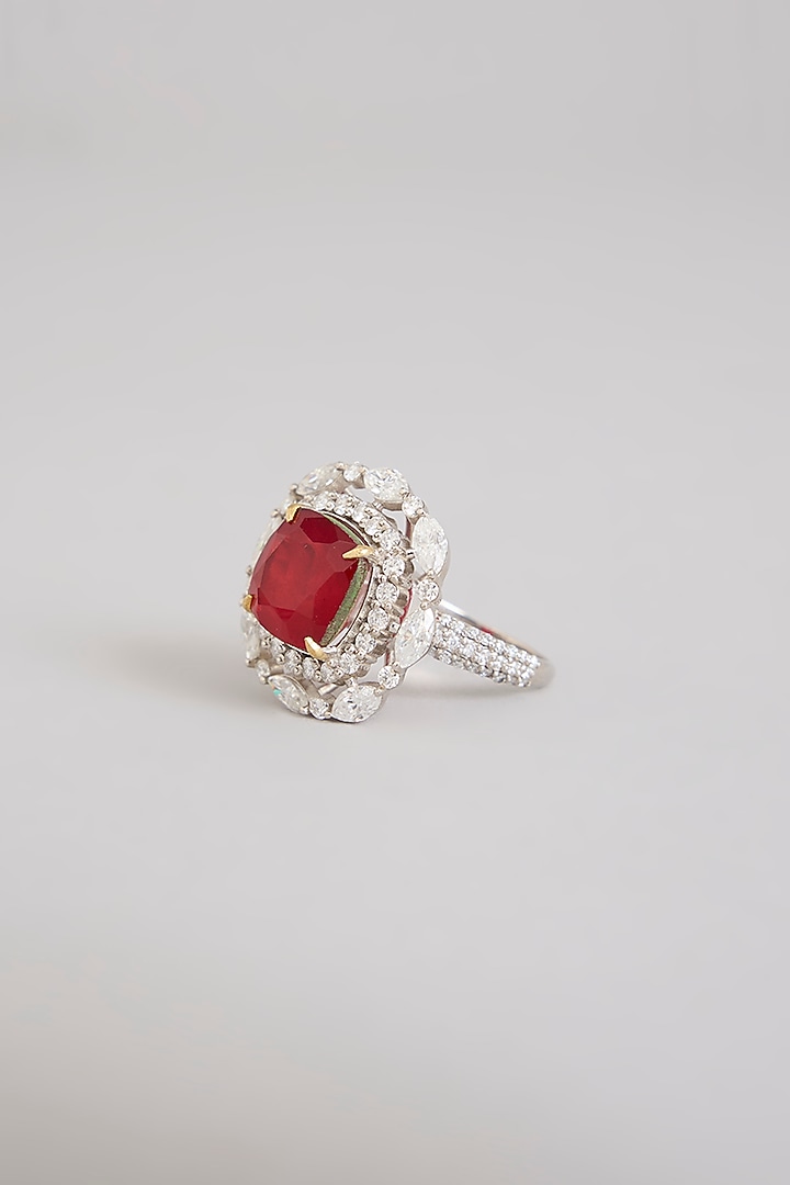 Gold Finish Moissanite Polki & Ruby Stone Ring In Sterling Silver by Kiara Luxe at Pernia's Pop Up Shop