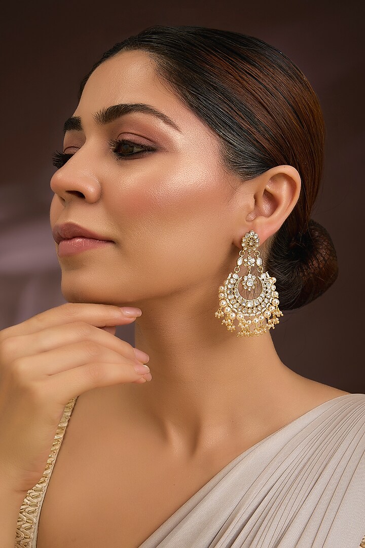 Gold Finish Moissanite Polki & Pearl Chandbali Earrings In Sterling Silver by Kiara Luxe at Pernia's Pop Up Shop