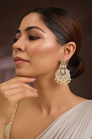 Gold Finish Moissanite Polki & Pearl Chandbali Earrings In Sterling Silver by Kiara Luxe