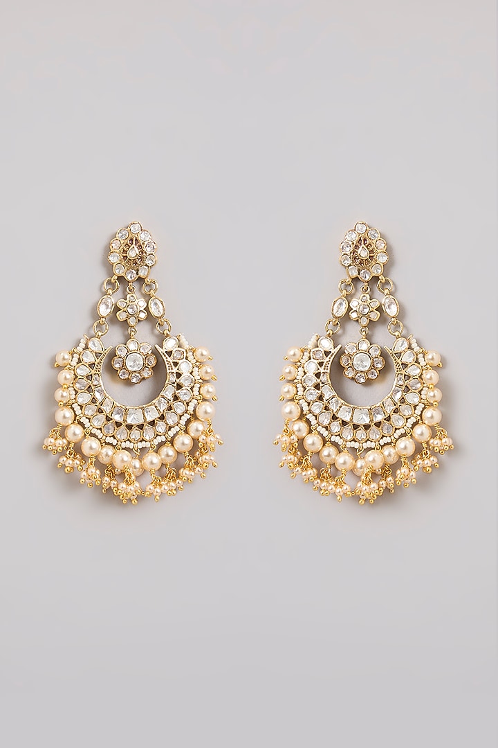 Gold Finish Moissanite Polki & Pearl Chandbali Earrings In Sterling Silver by Kiara Luxe at Pernia's Pop Up Shop