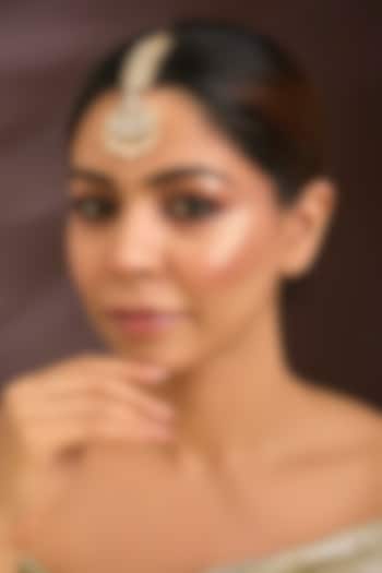 Gold Finish Moissanite Polki & Pearl Maangtikka In Sterling Silver by Kiara Luxe at Pernia's Pop Up Shop
