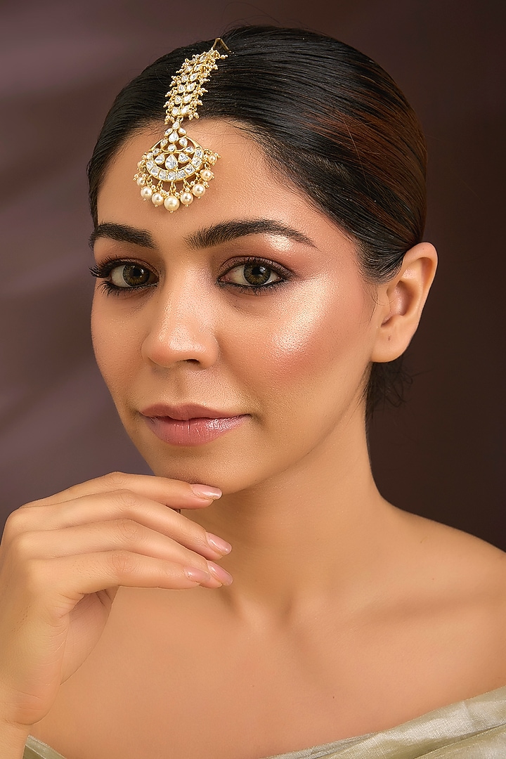 Gold Finish Moissanite Polki & Pearl Maangtikka In Sterling Silver by Kiara Luxe at Pernia's Pop Up Shop