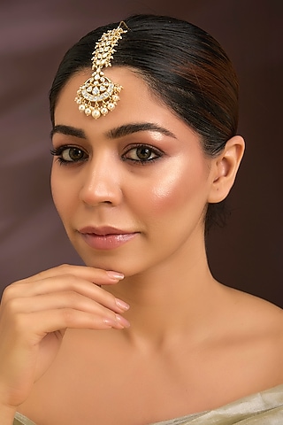 Gold Finish Moissanite Polki & Pearl Maangtikka In Sterling Silver by Kiara Luxe