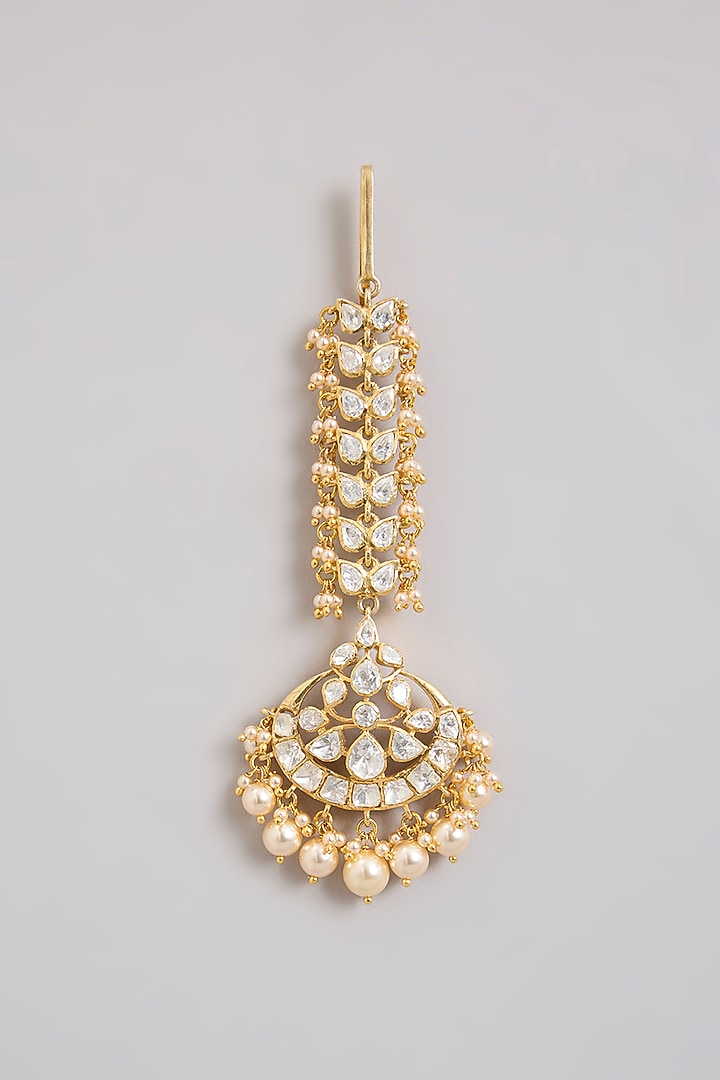 Gold Finish Moissanite Polki & Pearl Maangtikka In Sterling Silver by Kiara Luxe at Pernia's Pop Up Shop
