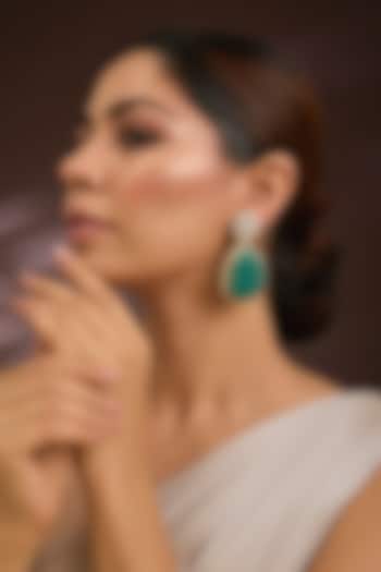 Gold Finish Moissanite Polki & Teardrop Emerald Stone Stud Earrings In Sterling Silver by Kiara Luxe at Pernia's Pop Up Shop