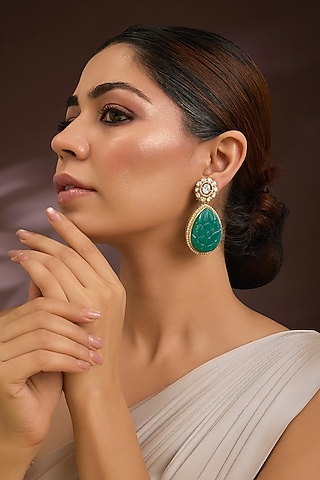 Gold Finish Moissanite Polki & Teardrop Emerald Stone Stud Earrings In Sterling Silver by Kiara Luxe