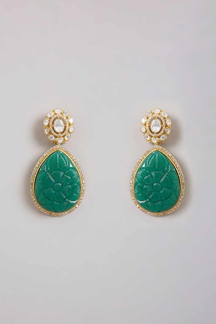 Gold Finish Moissanite Polki & Teardrop Emerald Stone Stud Earrings In Sterling Silver by Kiara Luxe at Pernia's Pop Up Shop