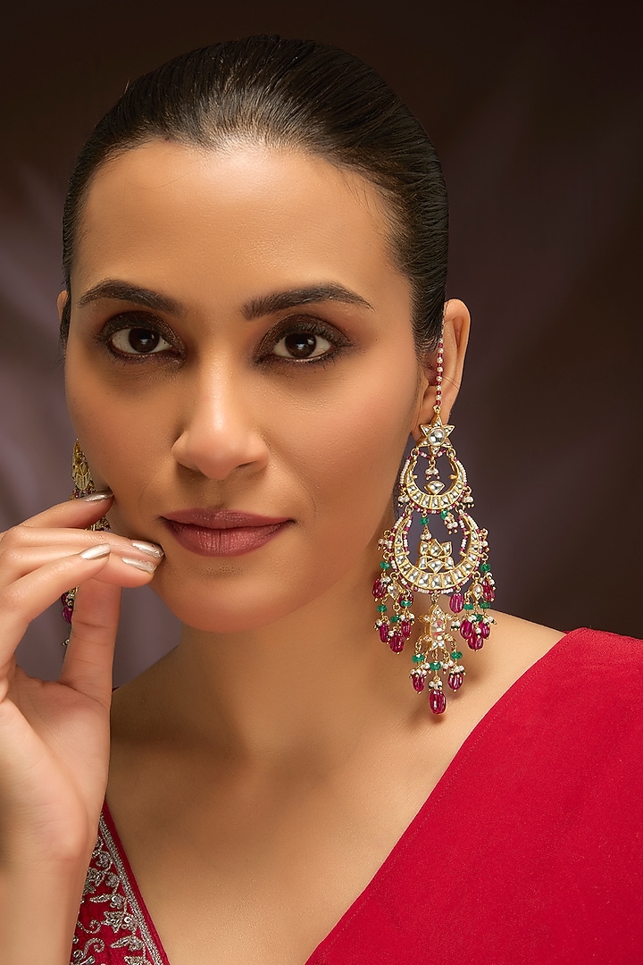 Gold Finish Moissanite Polki & Emerald Fringe Beaded Chandbali Earrings In Sterling Silver by Kiara Luxe at Pernia's Pop Up Shop