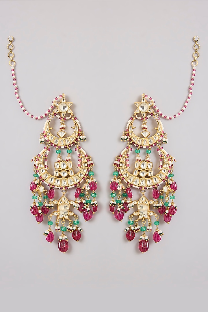 Gold Finish Moissanite Polki & Emerald Fringe Beaded Chandbali Earrings In Sterling Silver by Kiara Luxe at Pernia's Pop Up Shop