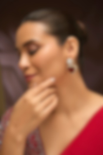 Gold Finish Moissanite Polki & Ruby Doublet Stone Dangler Earrings In Sterling Silver by Kiara Luxe at Pernia's Pop Up Shop