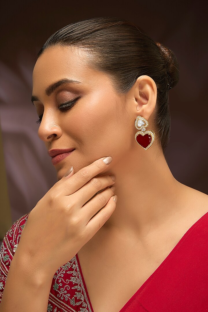 Gold Finish Moissanite Polki & Ruby Doublet Stone Dangler Earrings In Sterling Silver by Kiara Luxe at Pernia's Pop Up Shop