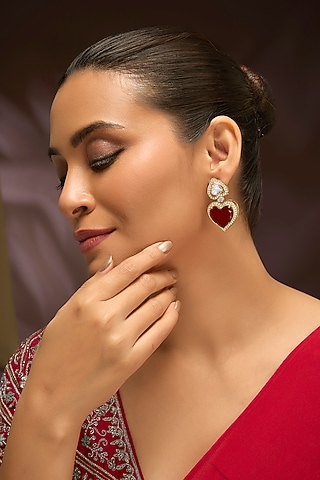 Gold Finish Moissanite Polki & Ruby Doublet Stone Dangler Earrings In Sterling Silver by Kiara Luxe