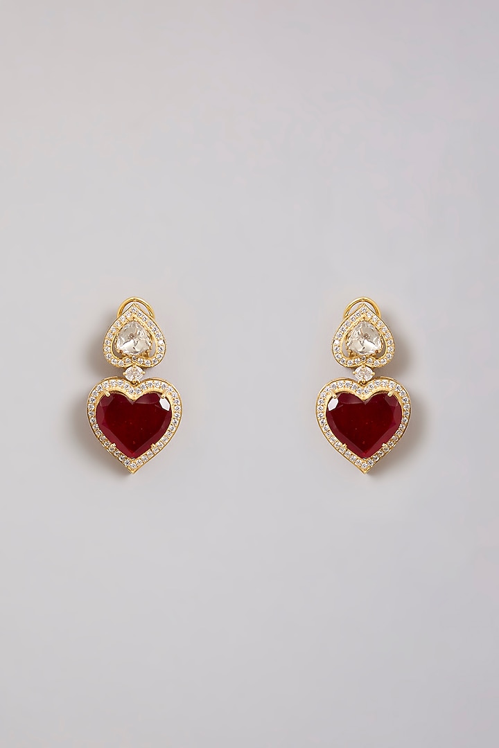 Gold Finish Moissanite Polki & Ruby Doublet Stone Dangler Earrings In Sterling Silver by Kiara Luxe at Pernia's Pop Up Shop