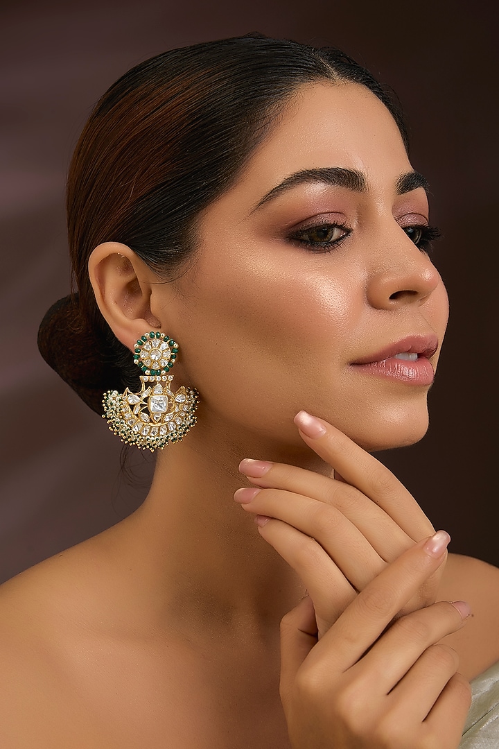 Gold Finish Moissanite Polki & Fringe Beaded Enameleld Chandbali Earrings In Sterling Silver by Kiara Luxe at Pernia's Pop Up Shop