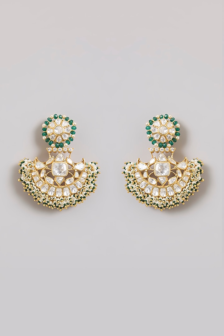 Gold Finish Moissanite Polki & Fringe Beaded Enameleld Chandbali Earrings In Sterling Silver by Kiara Luxe at Pernia's Pop Up Shop