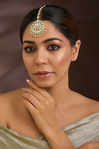 Gold Finish Uncut Moissanite Polki & Pearl Maangtikka In Sterling Silver by Kiara Luxe