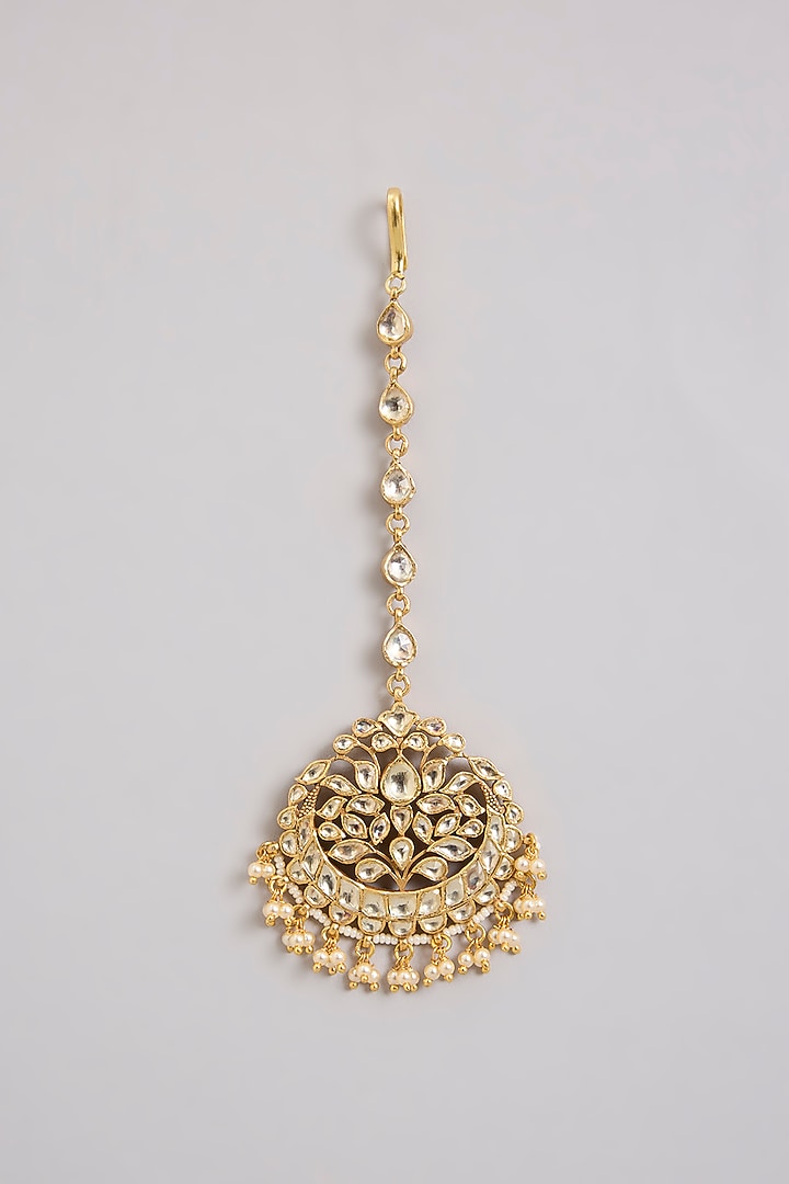 Gold Finish Uncut Moissanite Polki & Pearl Maangtikka In Sterling Silver by Kiara Luxe at Pernia's Pop Up Shop
