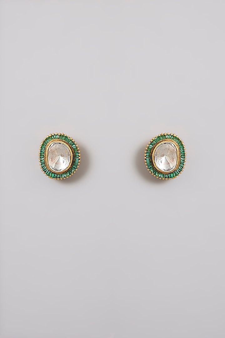 Gold Finish Kundan Polki & Emerald Stone Stud Earrings In Sterling Silver by Kiara Luxe at Pernia's Pop Up Shop
