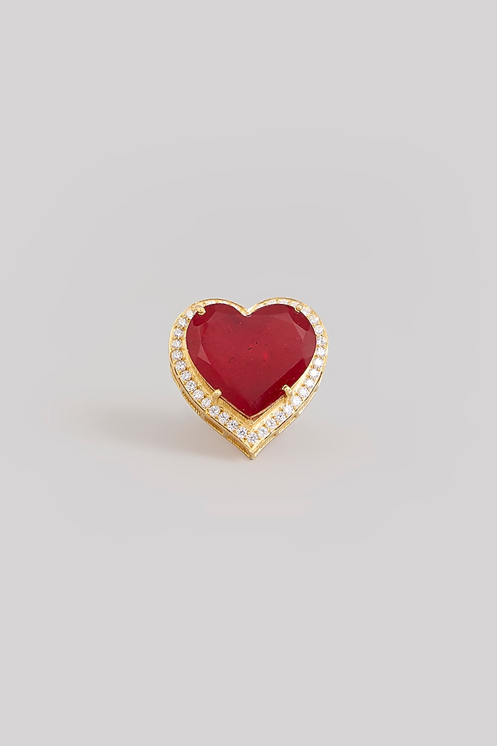 Gold Finish Moissanite Polki & Ruby Stone Ring In Sterling Silver by Kiara Luxe at Pernia's Pop Up Shop