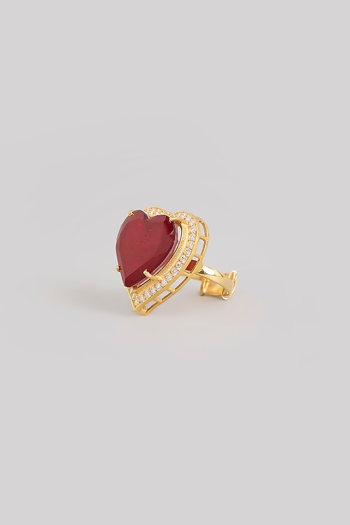 Gold Finish Moissanite Polki & Ruby Stone Ring In Sterling Silver by Kiara Luxe at Pernia's Pop Up Shop