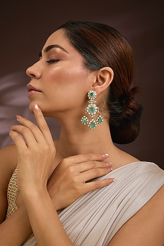 Gold Finish Moissanite Polki & Emerald Green Stone Chandelier Earrings In Sterling Silver by Kiara Luxe
