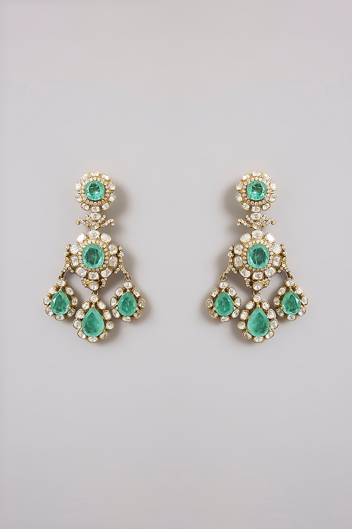 Gold Finish Moissanite Polki & Emerald Green Stone Chandelier Earrings In Sterling Silver by Kiara Luxe at Pernia's Pop Up Shop