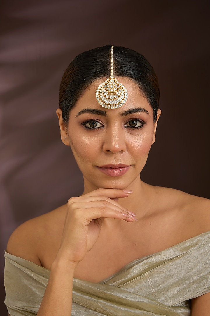 Gold Finish Moissanite Polki & Pearl Maangtikka In Sterling Silver by Kiara Luxe at Pernia's Pop Up Shop