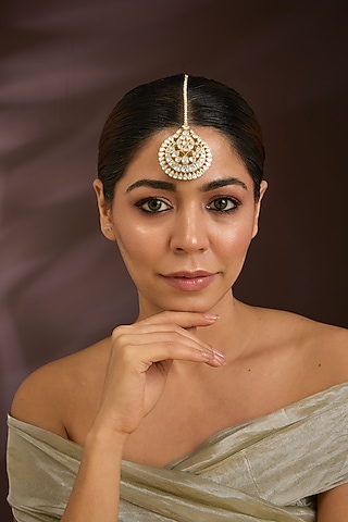 Gold Finish Moissanite Polki & Pearl Maangtikka In Sterling Silver by Kiara Luxe