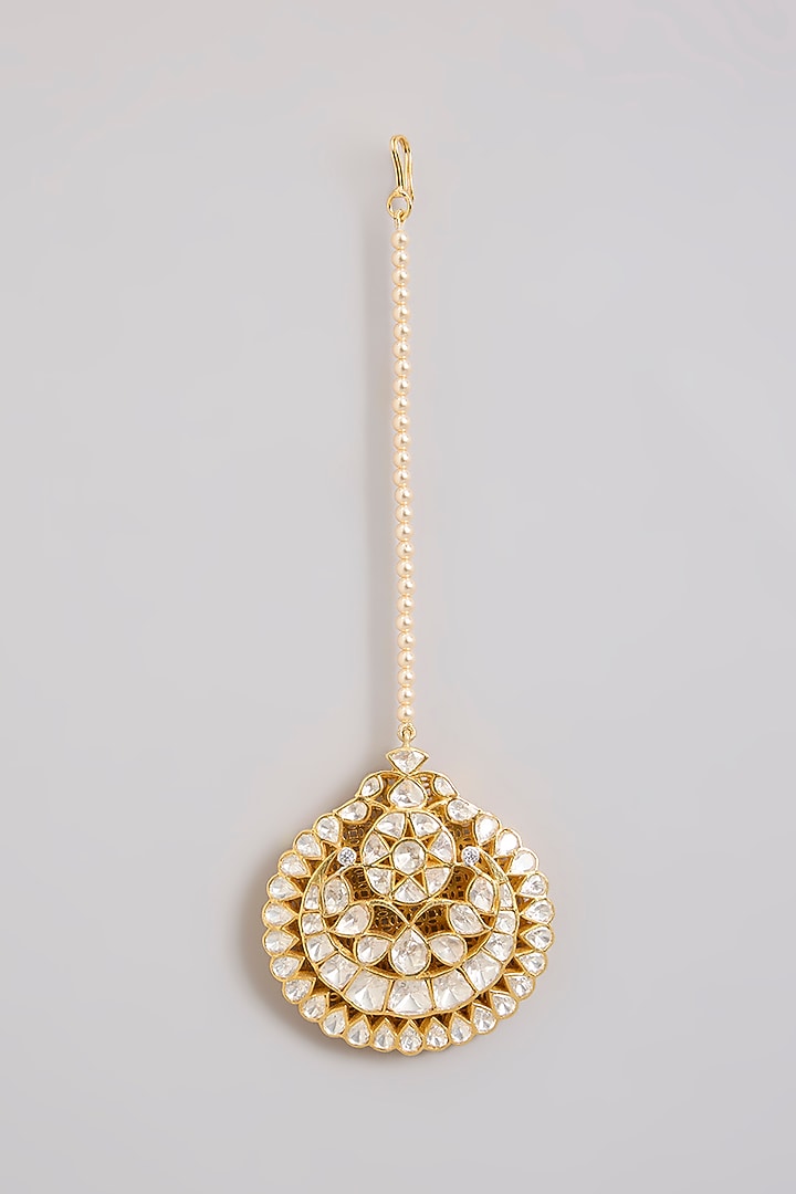 Gold Finish Moissanite Polki & Pearl Maangtikka In Sterling Silver by Kiara Luxe at Pernia's Pop Up Shop