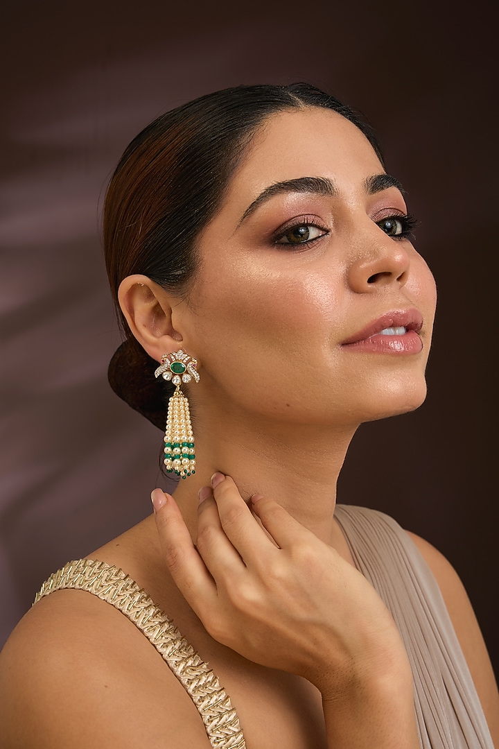 Gold Finish Moissanite Polki & Seed Pearl Dangler Earrings In Sterling Silver by Kiara Luxe at Pernia's Pop Up Shop