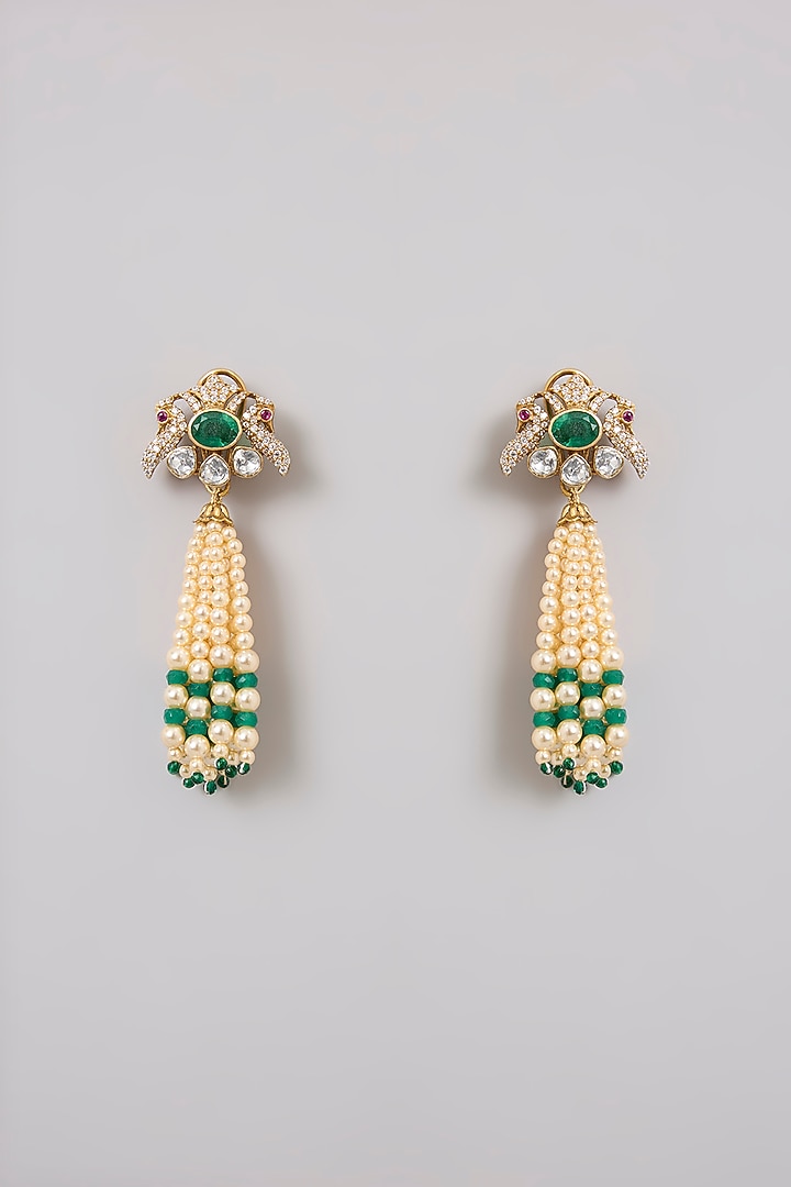 Gold Finish Moissanite Polki & Seed Pearl Dangler Earrings In Sterling Silver by Kiara Luxe at Pernia's Pop Up Shop