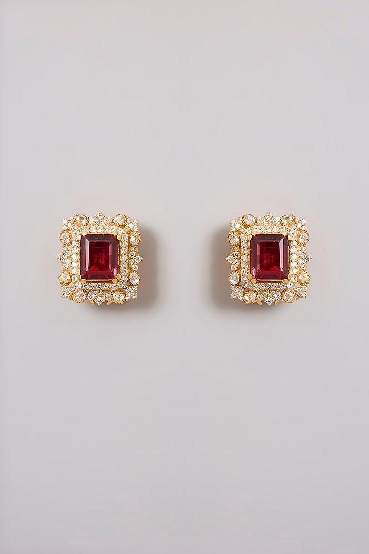 Gold Finish Kundan Polki & Ruby Stone Stud Earrings In Sterling Silver by Kiara Luxe at Pernia's Pop Up Shop