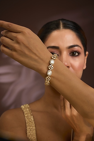 Gold Finish Moissanite Polki & Diamond Bracelet In Sterling Silver by Kiara Luxe