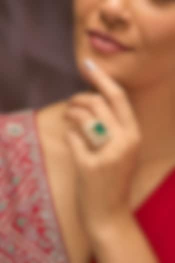 Gold Finish Moissanite Polki & Green Gemstone Ring In Sterling Silver by Kiara Luxe at Pernia's Pop Up Shop