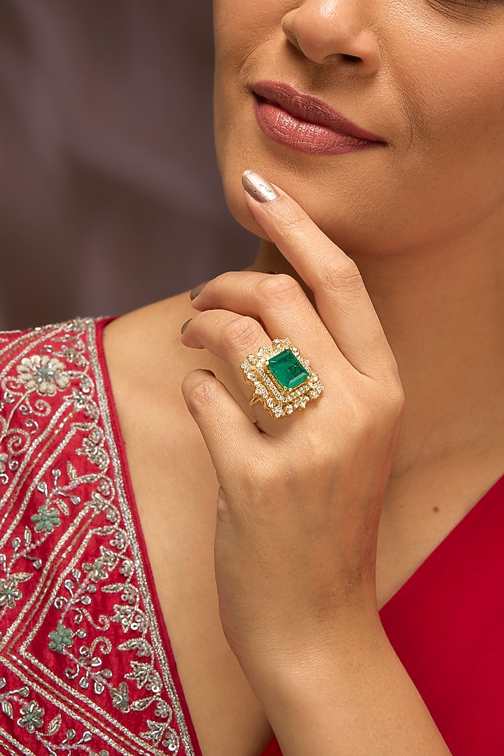 Gold Finish Moissanite Polki & Green Gemstone Ring In Sterling Silver by Kiara Luxe at Pernia's Pop Up Shop