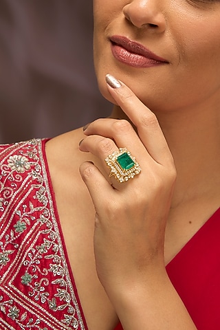 Gold Finish Moissanite Polki & Green Gemstone Ring In Sterling Silver by Kiara Luxe