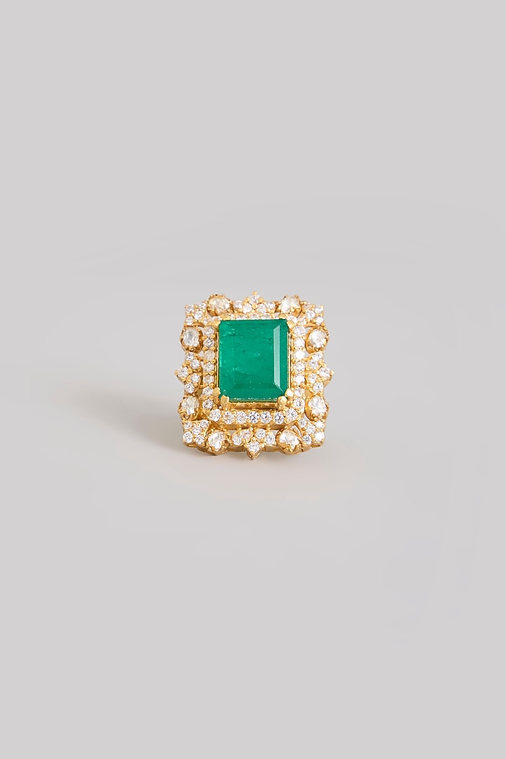 Gold Finish Moissanite Polki & Green Gemstone Ring In Sterling Silver by Kiara Luxe at Pernia's Pop Up Shop
