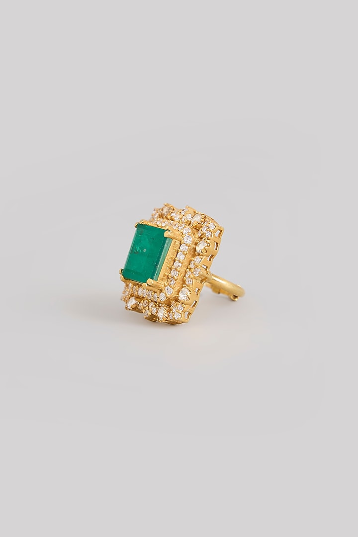Gold Finish Moissanite Polki & Green Gemstone Ring In Sterling Silver by Kiara Luxe at Pernia's Pop Up Shop