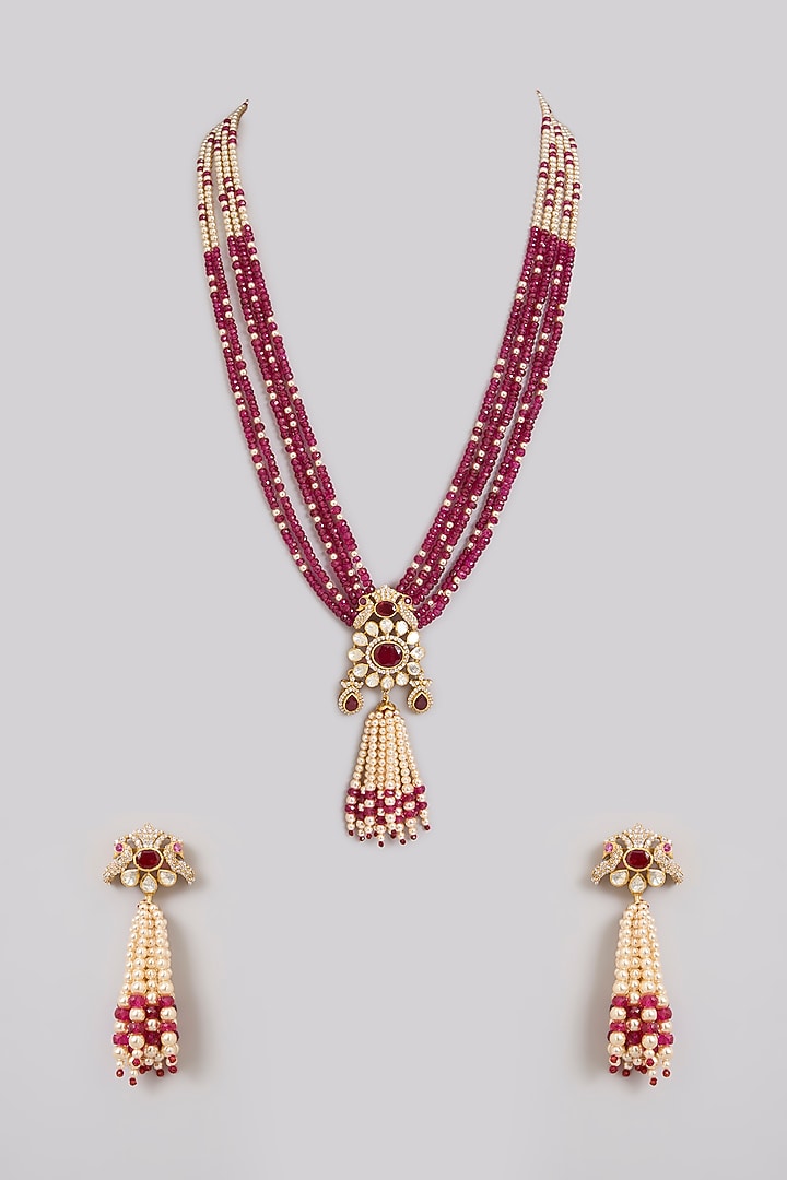 Gold Finish Kundan Polki & Ruby Beaded Layered Necklace Set In Sterling Silver by Kiara Luxe at Pernia's Pop Up Shop