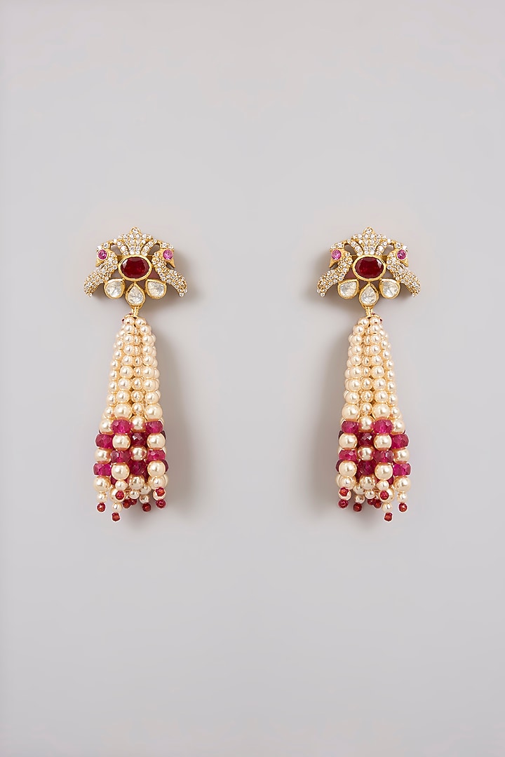 Gold Finish Kundan Polki & Ruby Beaded Layered Necklace Set In Sterling Silver by Kiara Luxe at Pernia's Pop Up Shop