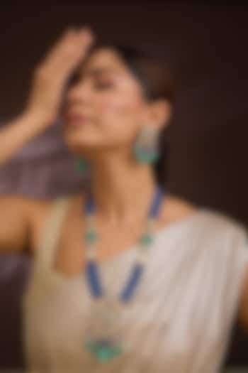 Gold Finish Kundan Polki & Blue Tanzanite Beaded Long Necklace Set In Sterling Silver by Kiara Luxe at Pernia's Pop Up Shop