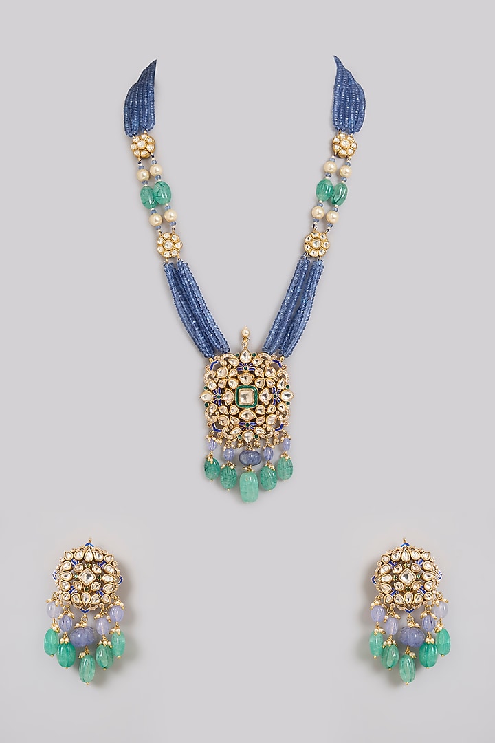Gold Finish Kundan Polki & Blue Tanzanite Beaded Long Necklace Set In Sterling Silver by Kiara Luxe at Pernia's Pop Up Shop