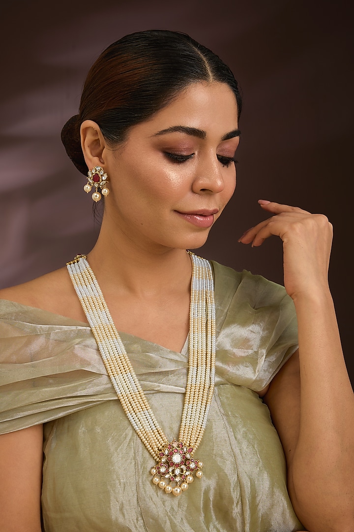 Gold Finish Seed Pearl & kundan Polki Layered Necklace Set In Sterling Silver by Kiara Luxe at Pernia's Pop Up Shop