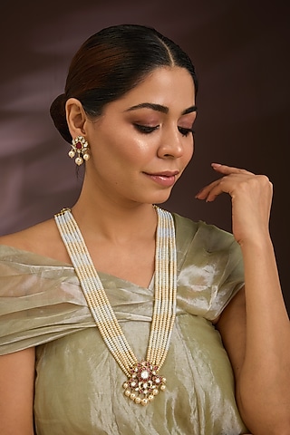Gold Finish Seed Pearl & kundan Polki Layered Necklace Set In Sterling Silver by Kiara Luxe