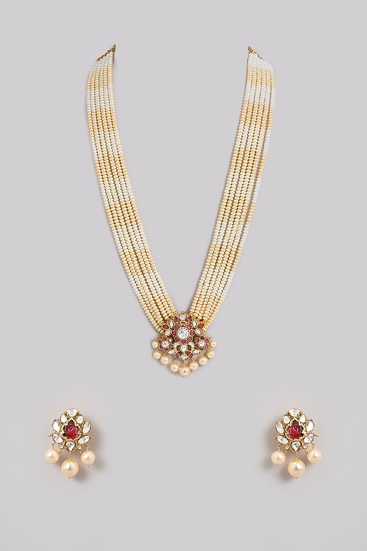 Gold Finish Seed Pearl & kundan Polki Layered Necklace Set In Sterling Silver by Kiara Luxe at Pernia's Pop Up Shop