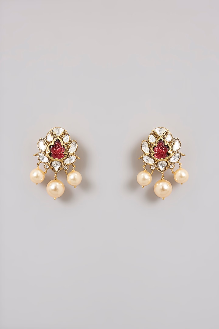 Gold Finish Seed Pearl & kundan Polki Layered Necklace Set In Sterling Silver by Kiara Luxe at Pernia's Pop Up Shop