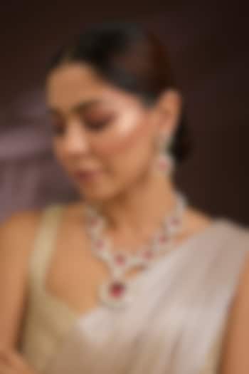 Gold Finish Kundan Polki & Pink Tourmaline Stone Long Necklace Set In Sterling Silver by Kiara Luxe at Pernia's Pop Up Shop