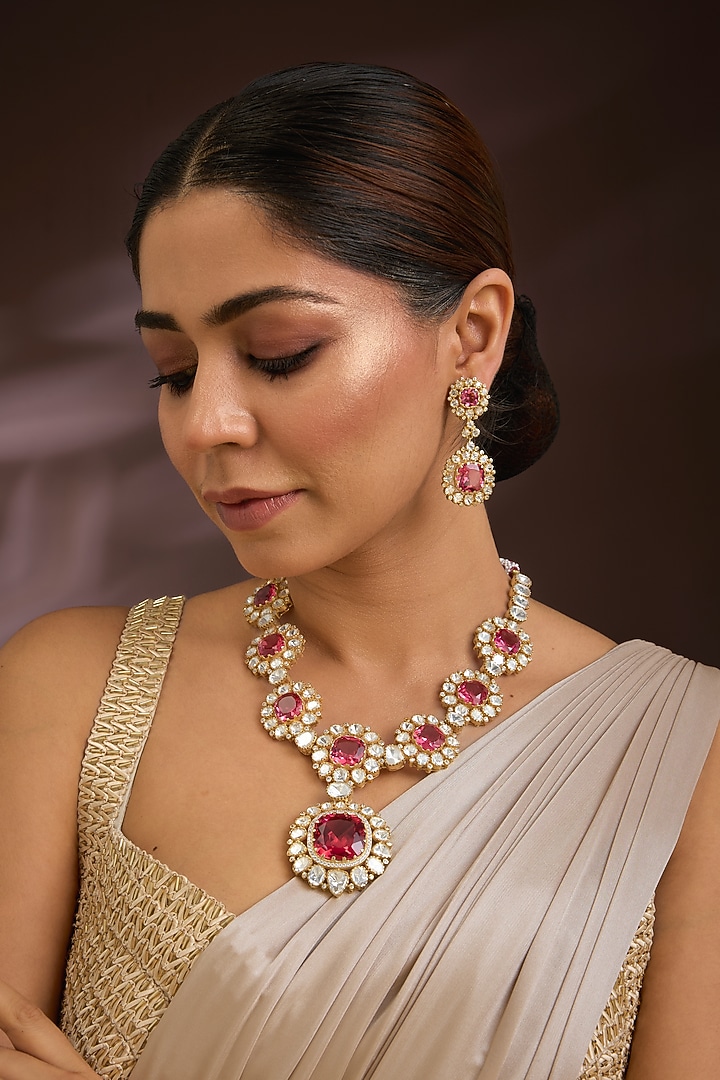 Gold Finish Kundan Polki & Pink Tourmaline Stone Long Necklace Set In Sterling Silver by Kiara Luxe at Pernia's Pop Up Shop