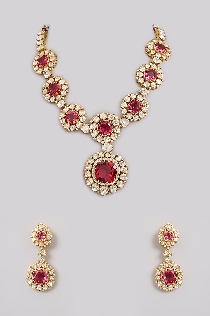 Gold Finish Kundan Polki & Pink Tourmaline Stone Long Necklace Set In Sterling Silver by Kiara Luxe at Pernia's Pop Up Shop
